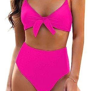 Blooming Jelly Pink Women's Tie Knot Bikini Set High Waist Two Piece Swimsuit- M